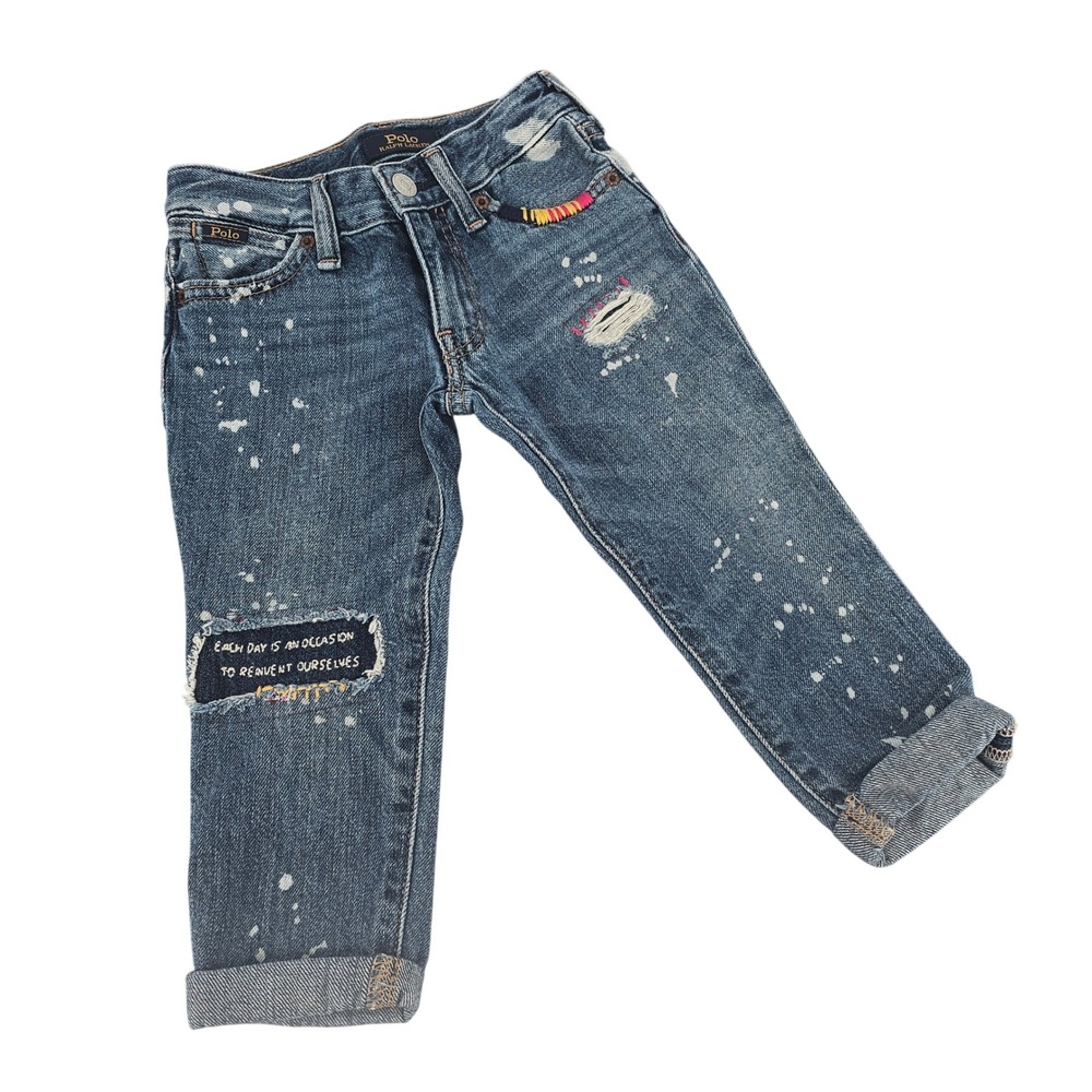 Polo Ralph Lauren Girls 2T Astor Slim Boyfriend Distressed Paint Splatter Jeans